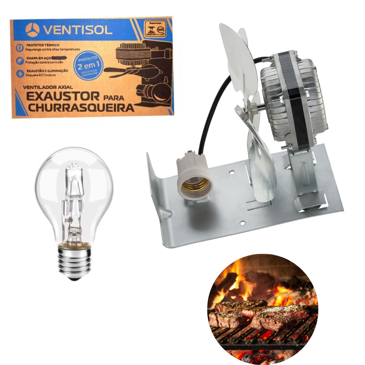 Kit exaustor para churrasqueira de 20 cm com luz na cor inox
