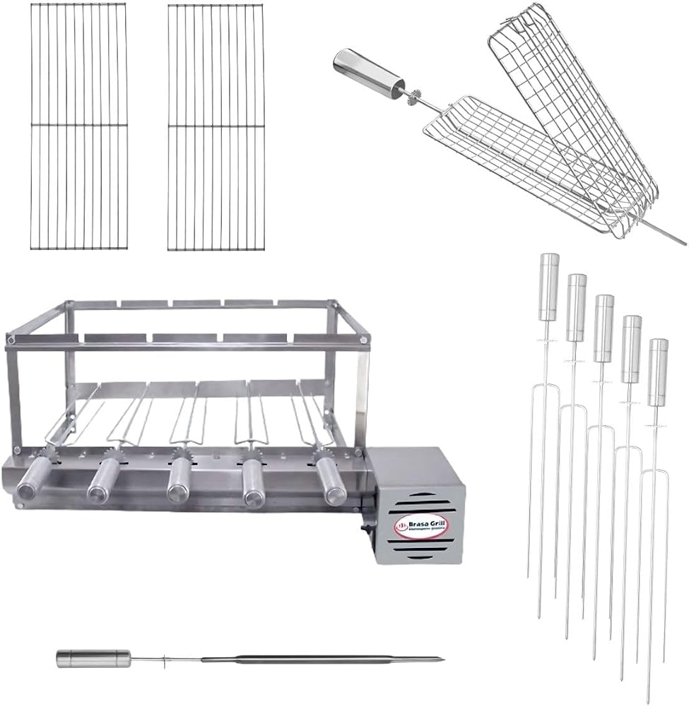 Kit de churrasqueira giratória Gira Grill com 5 espetos e 2 grelhas auxiliares