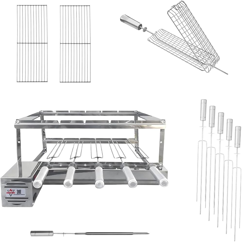 Kit de churrasqueira giratória Gira Grill com 5 espetos e motor na frente