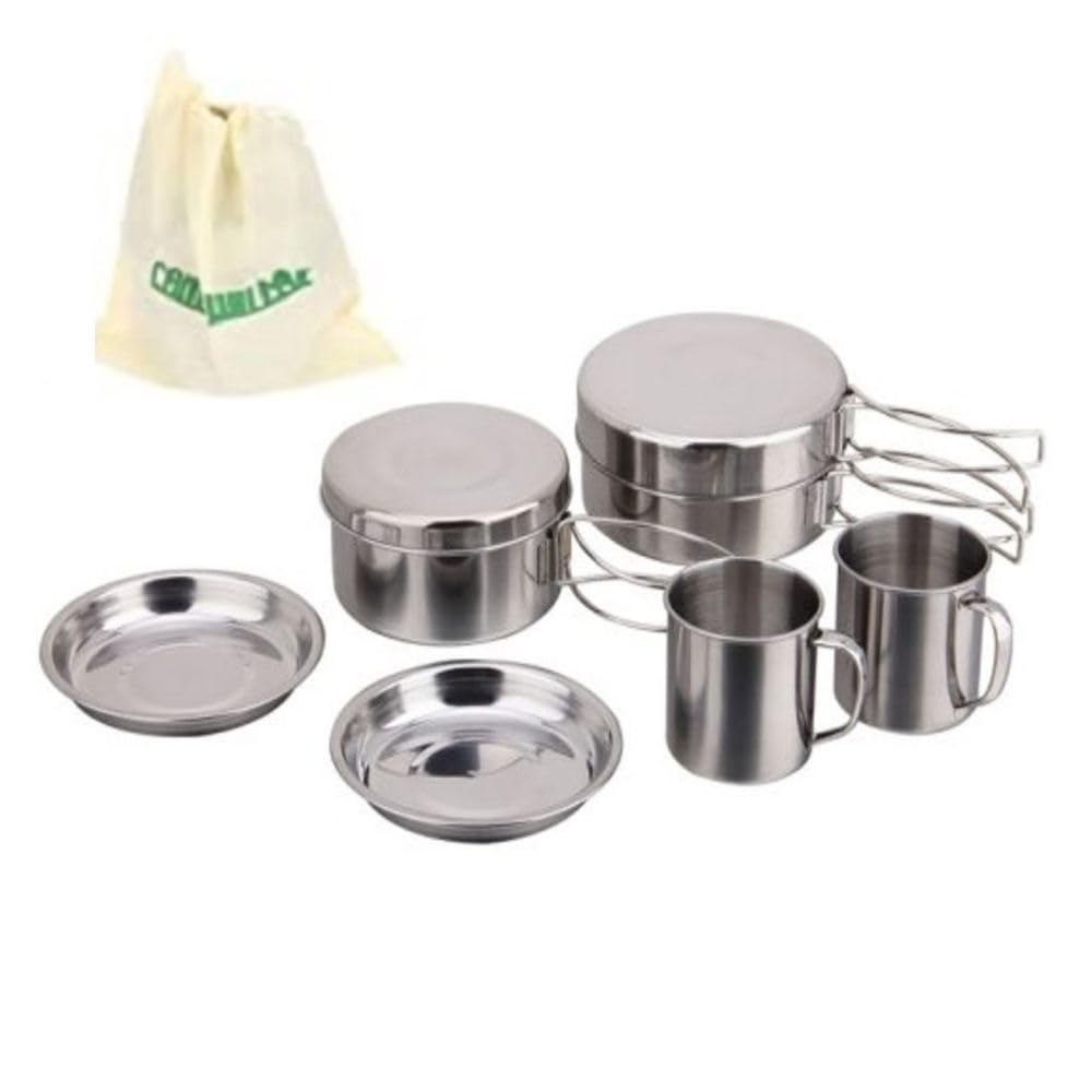 Kit de panelas inox com 8 peças e bolsa para camping