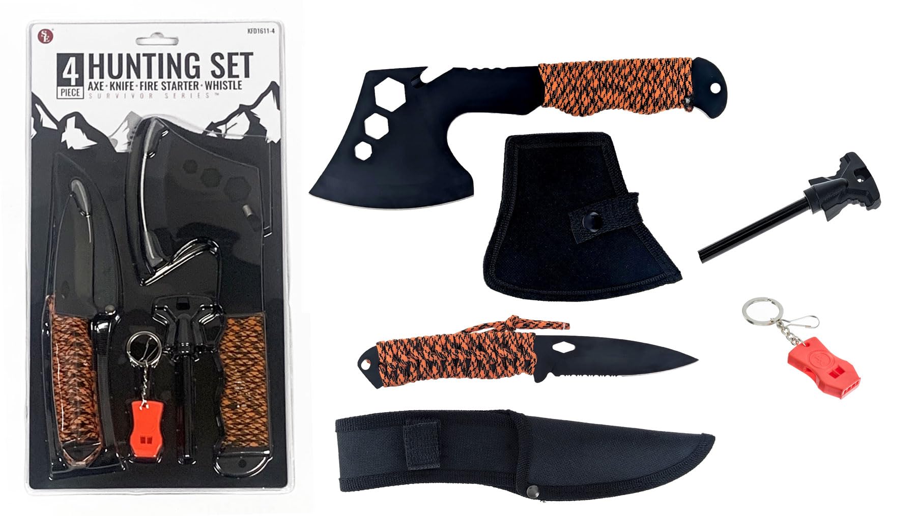 Kit de sobrevivência com machado, faca, acionador de fogo e apito