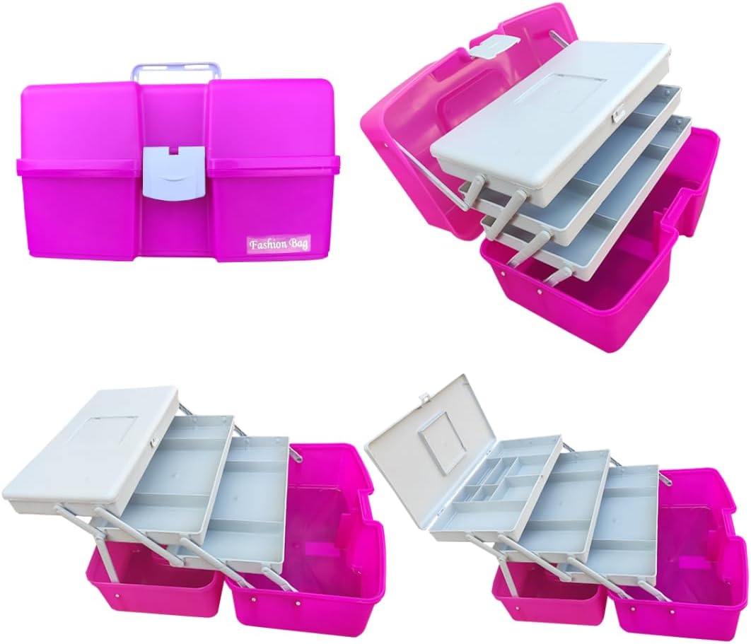 Maleta de pesca Polymer na cor rosa com três bandejas articuladas
