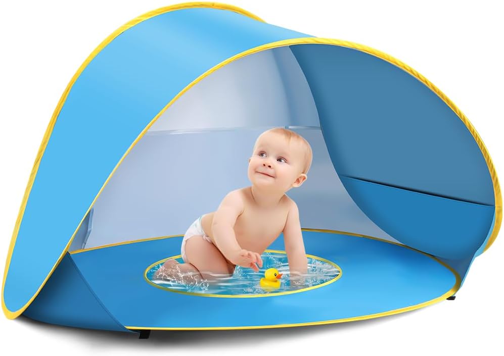 Mini barraca de praia para bebê com piscina integrada na cor azul