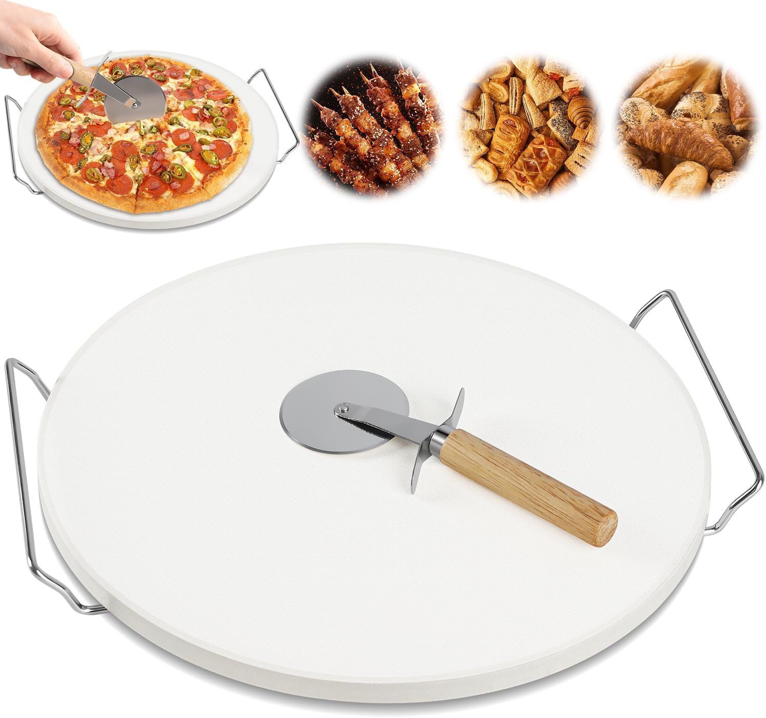 Pedra de pizza de 33 cm com suporte de aço inox e raspador