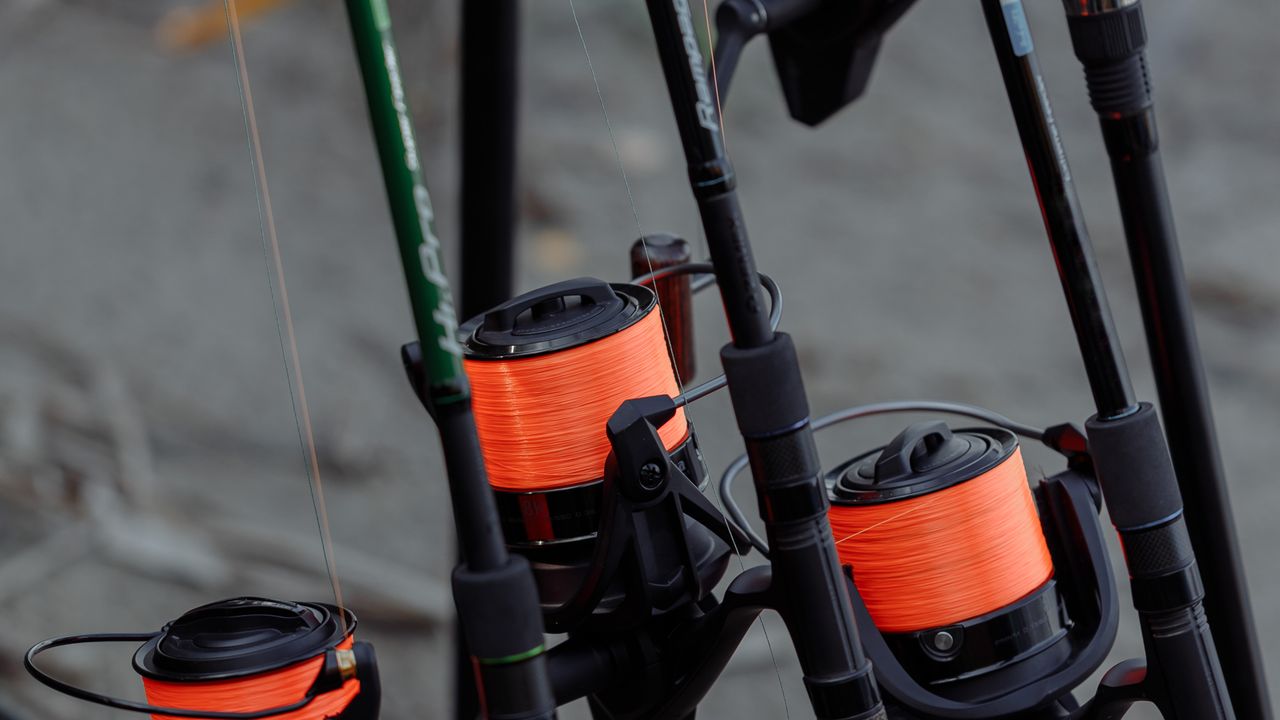 Varas de pesca apoiadas na margem de um rio