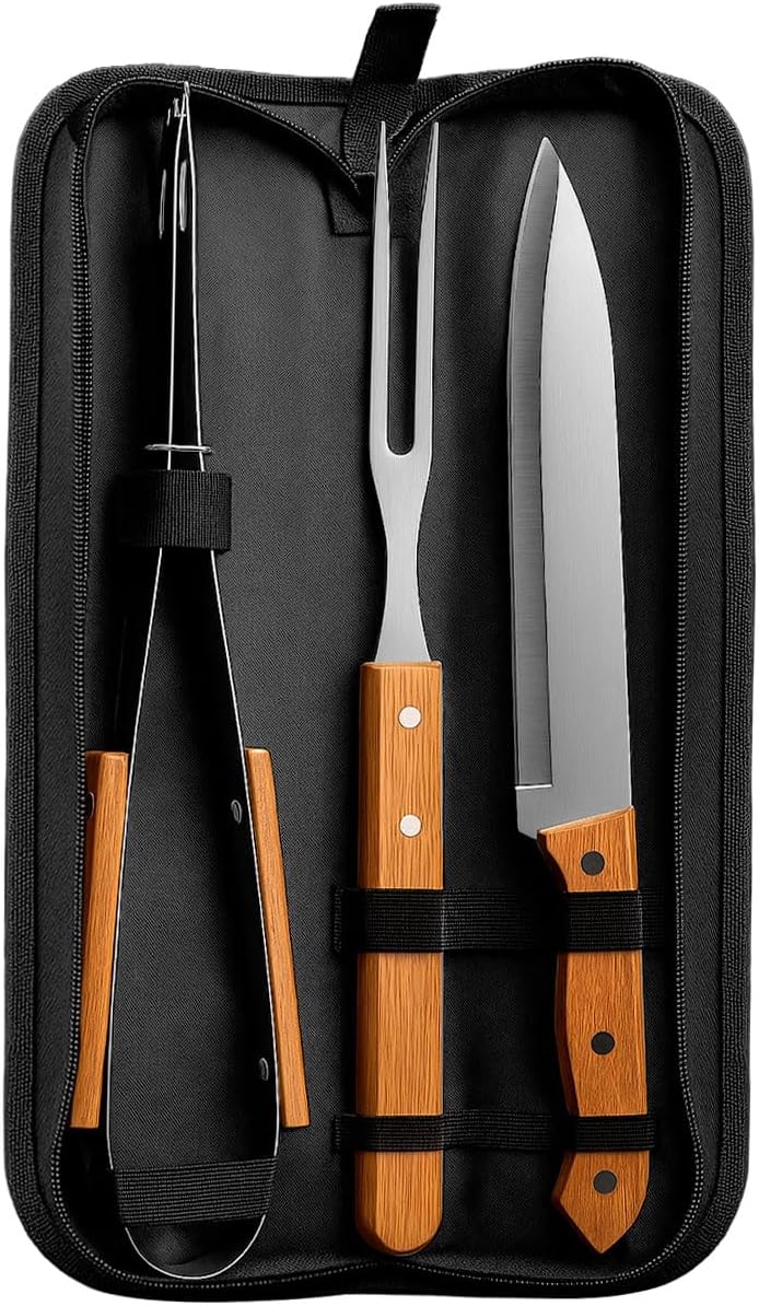 Kit de churrasco com faca, garfo e pegador e estojo de nylon