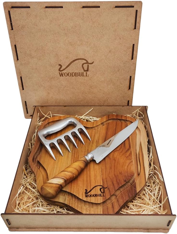 Kit Woodbull com tábua de teca, faca e garra de urso