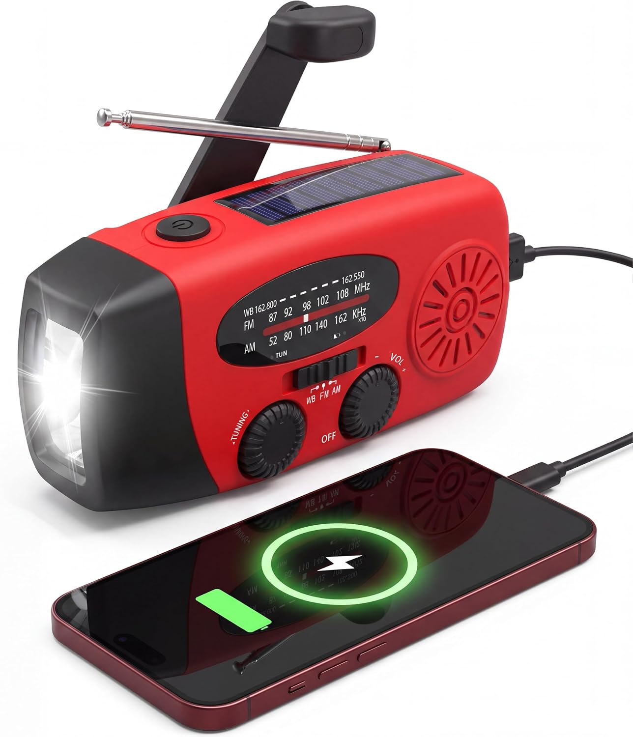 Rádio manivela RunningSnail vermelho com lanterna LED e faixa NOAA
