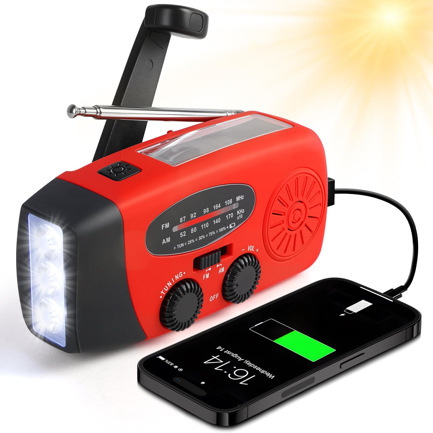 Rádio de emergência solar com manivela e lanterna LED