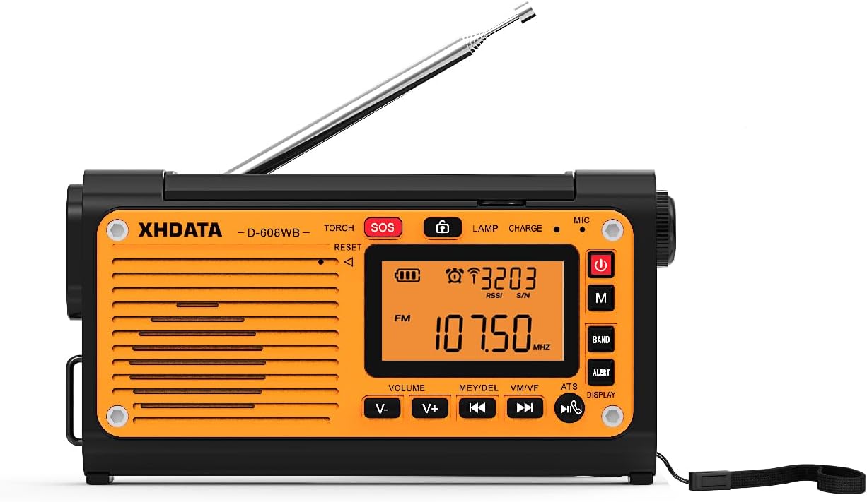 Rádio de emergência XHDATA D608WB com manivela e lanterna