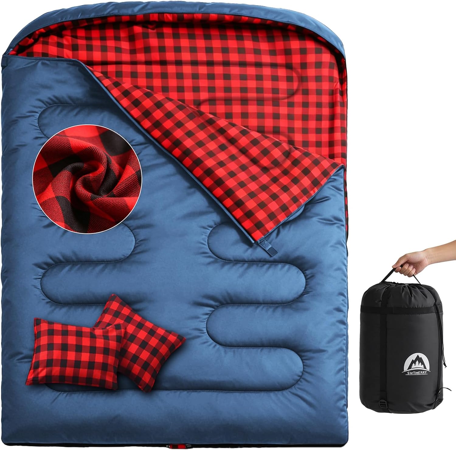 Saco de dormir duplo SWTMERRY queen para acampamento em família