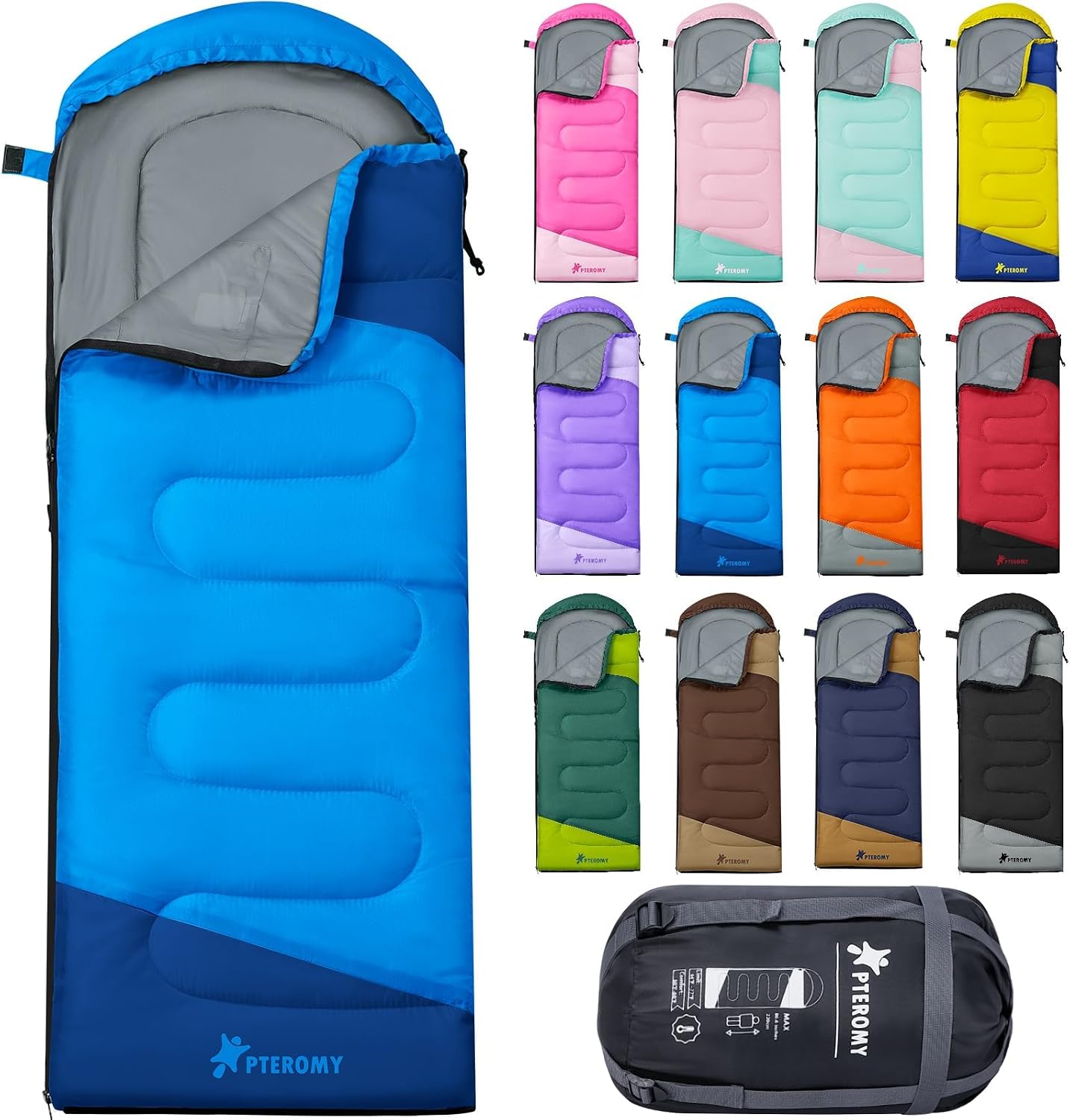 Saco de dormir PTEROMY retangular com fibra 3D e capuz