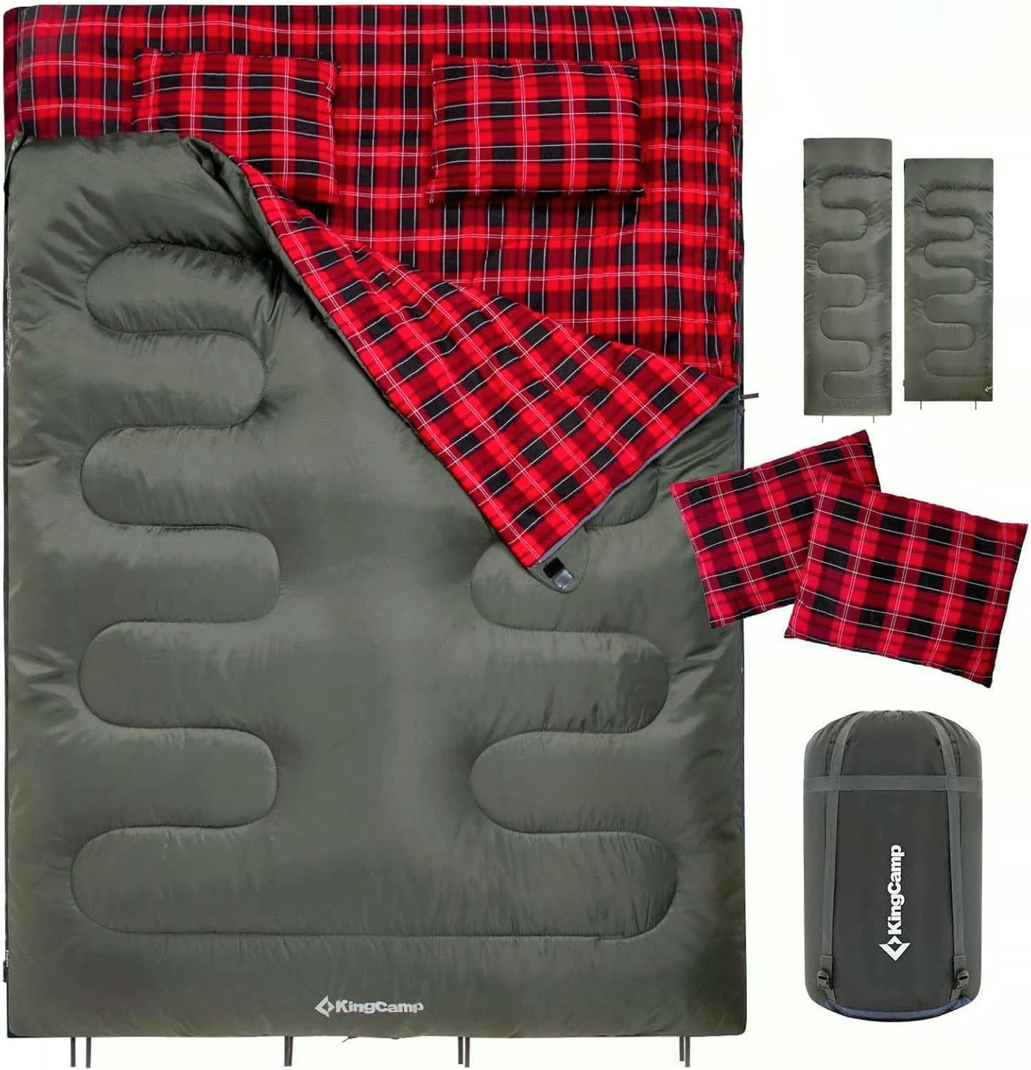Saco de dormir duplo KingCamp queen XXL de flanela com travesseiros