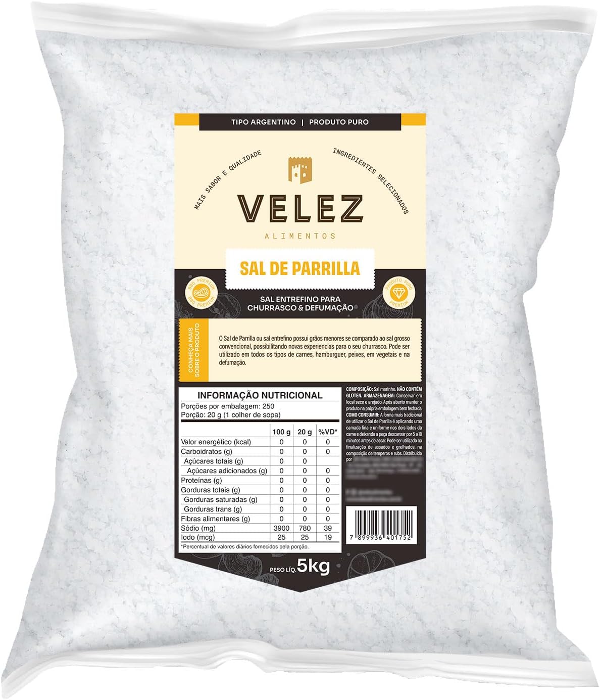 Sal de parrilla VELEZ entrefino em embalagem de 5 kg