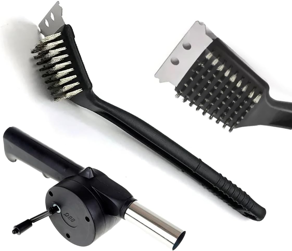 Kit com escova de aço e soprador acendedor para churrasqueira