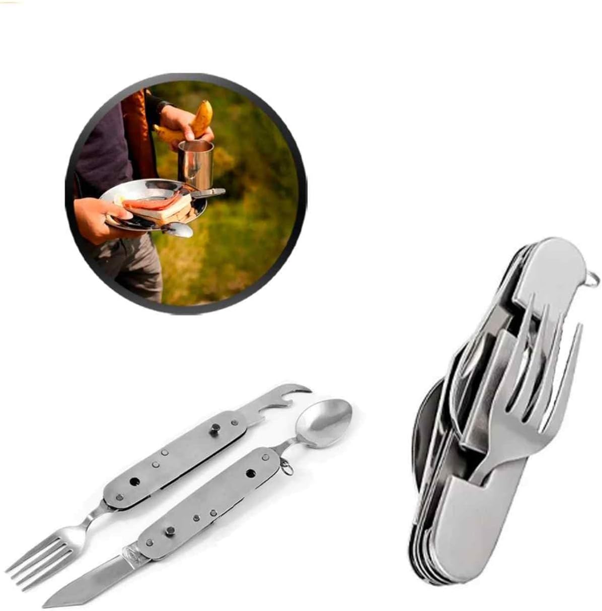 Kit de talher retrátil inox seis em um para camping