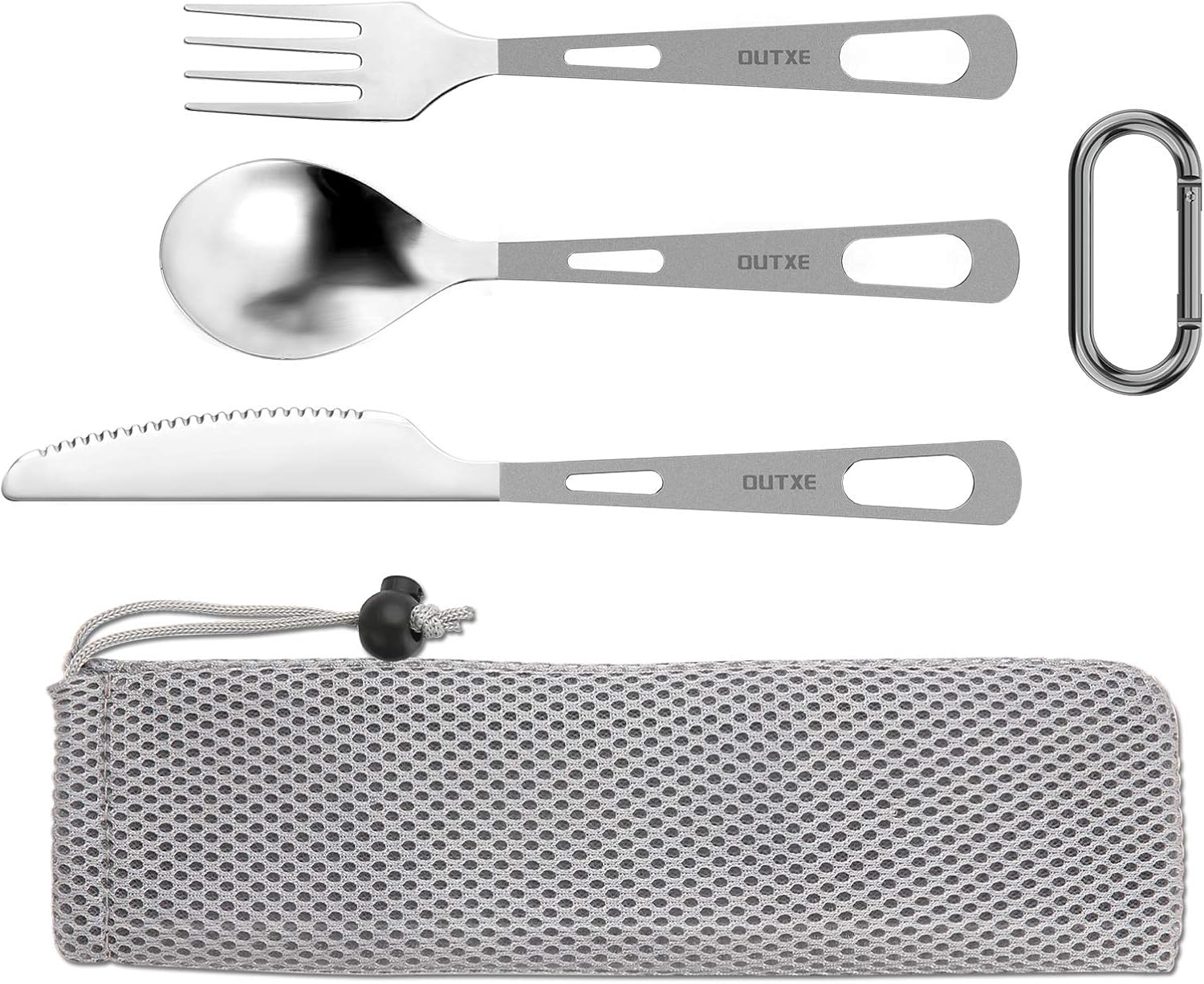 Conjunto OUTXE de faca, garfo e colher de titânio com bolsa