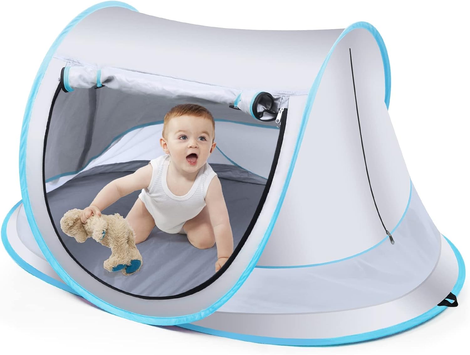 Tenda de praia genérica pop up na cor cinza com proteção UV FPS 50+ e rede mosquiteira