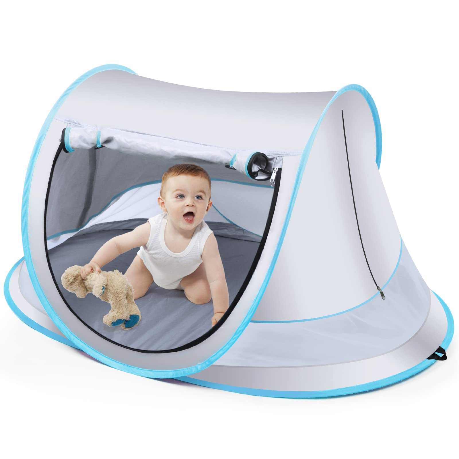 Tenda de praia pop up na cor cinza prateado com proteção FPS 50+ e rede mosquiteira