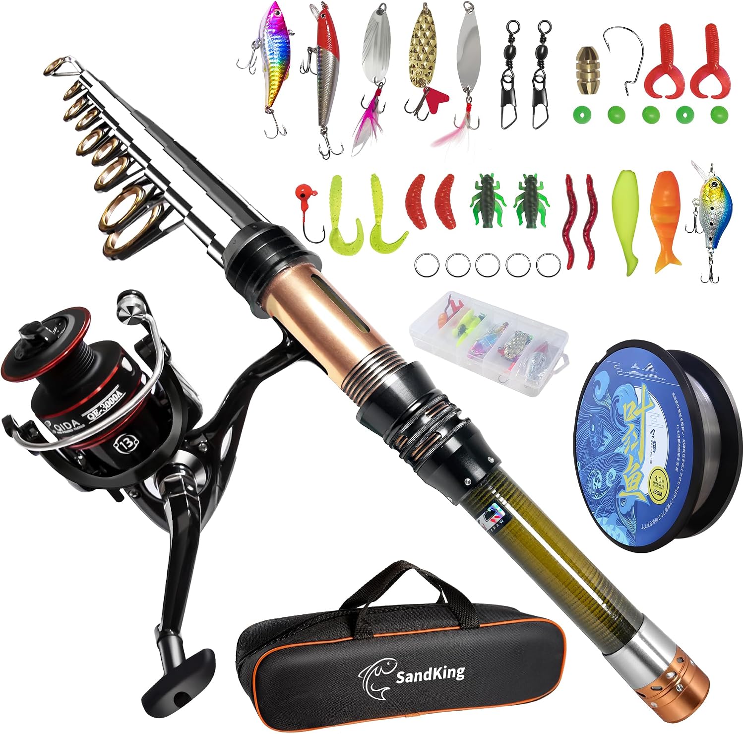 Kit Ehowdin com vara telescópica de carbono e molinete